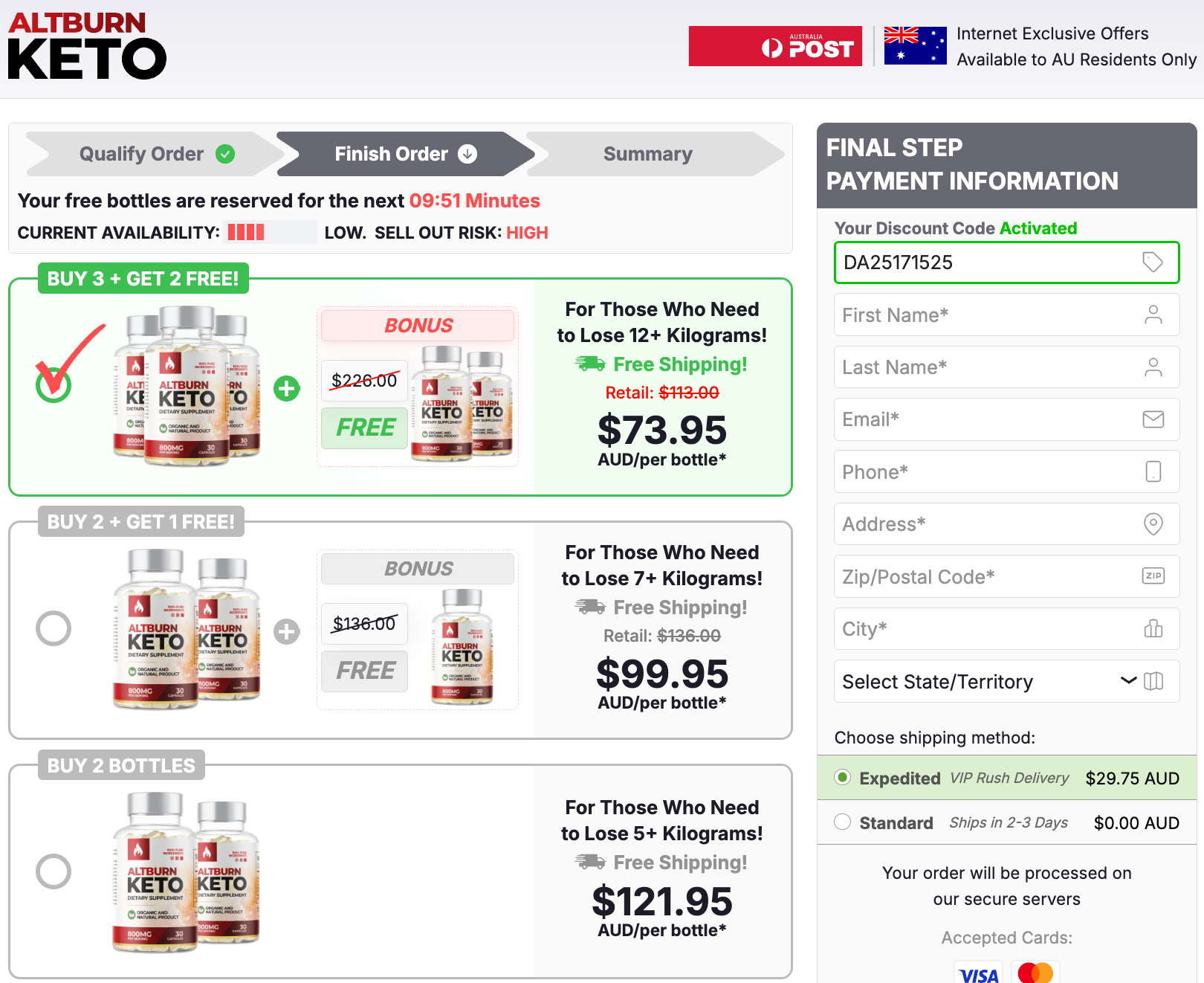 Example AltBurn KETO Australian checkout screen showing package options and payment fields